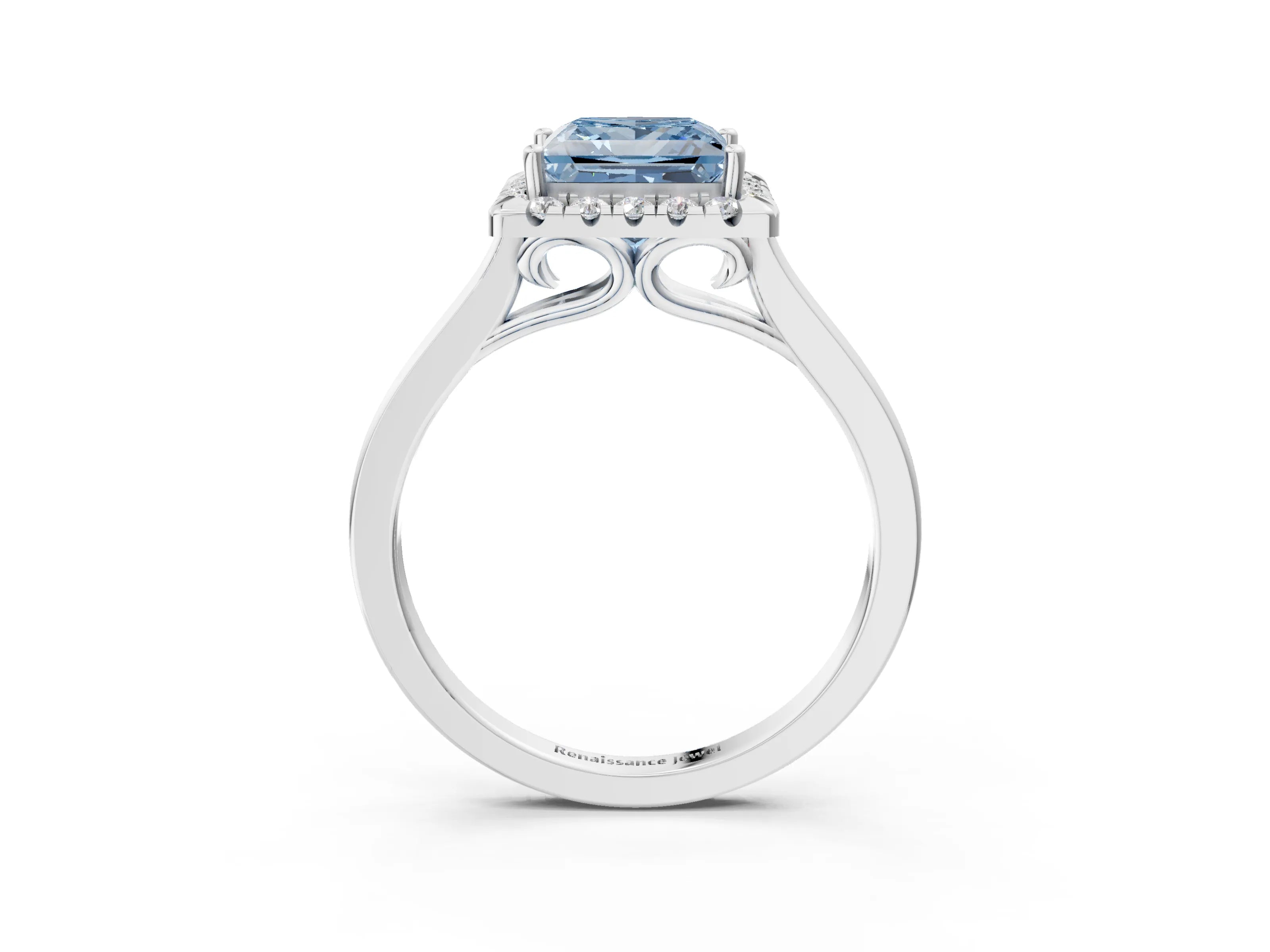 White gold Fancy Blue Princess Cut Halo Round Diamond Solitaire Ring with Pavé Band and Four-Prong Setting_15