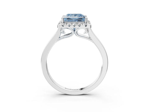 White gold Fancy Blue Princess Cut Halo Round Diamond Solitaire Ring with Pavé Band and Four-Prong Setting_16