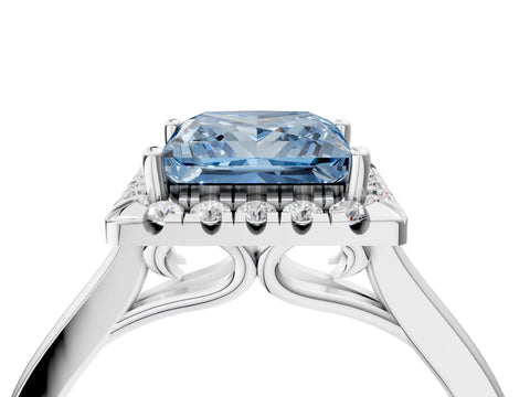 White gold Fancy Blue Princess Cut Halo Round Diamond Solitaire Ring with Pavé Band and Four-Prong Setting_16