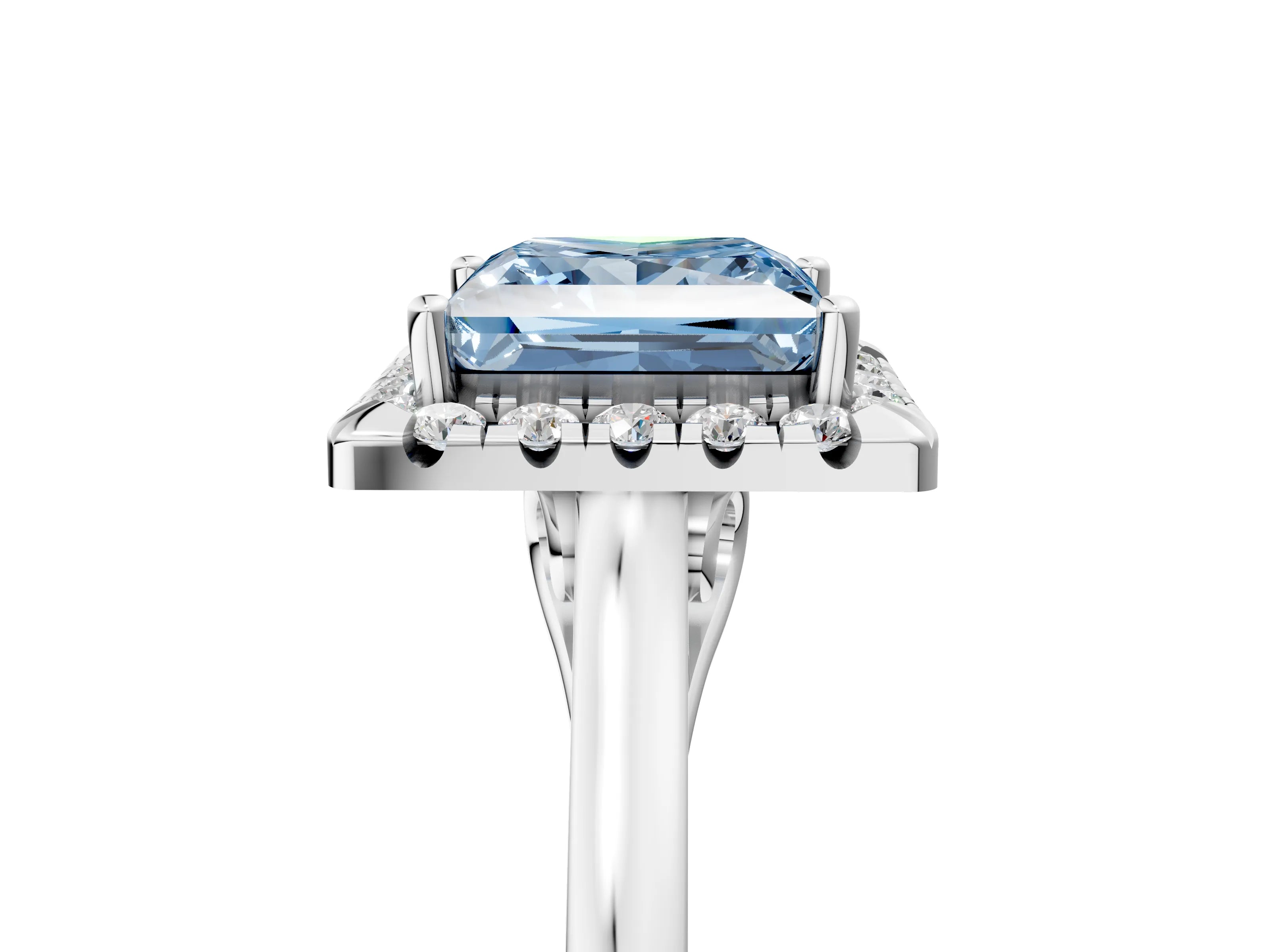 White gold Fancy Blue Princess Cut Halo Round Diamond Solitaire Ring with Pavé Band and Four-Prong Setting_17