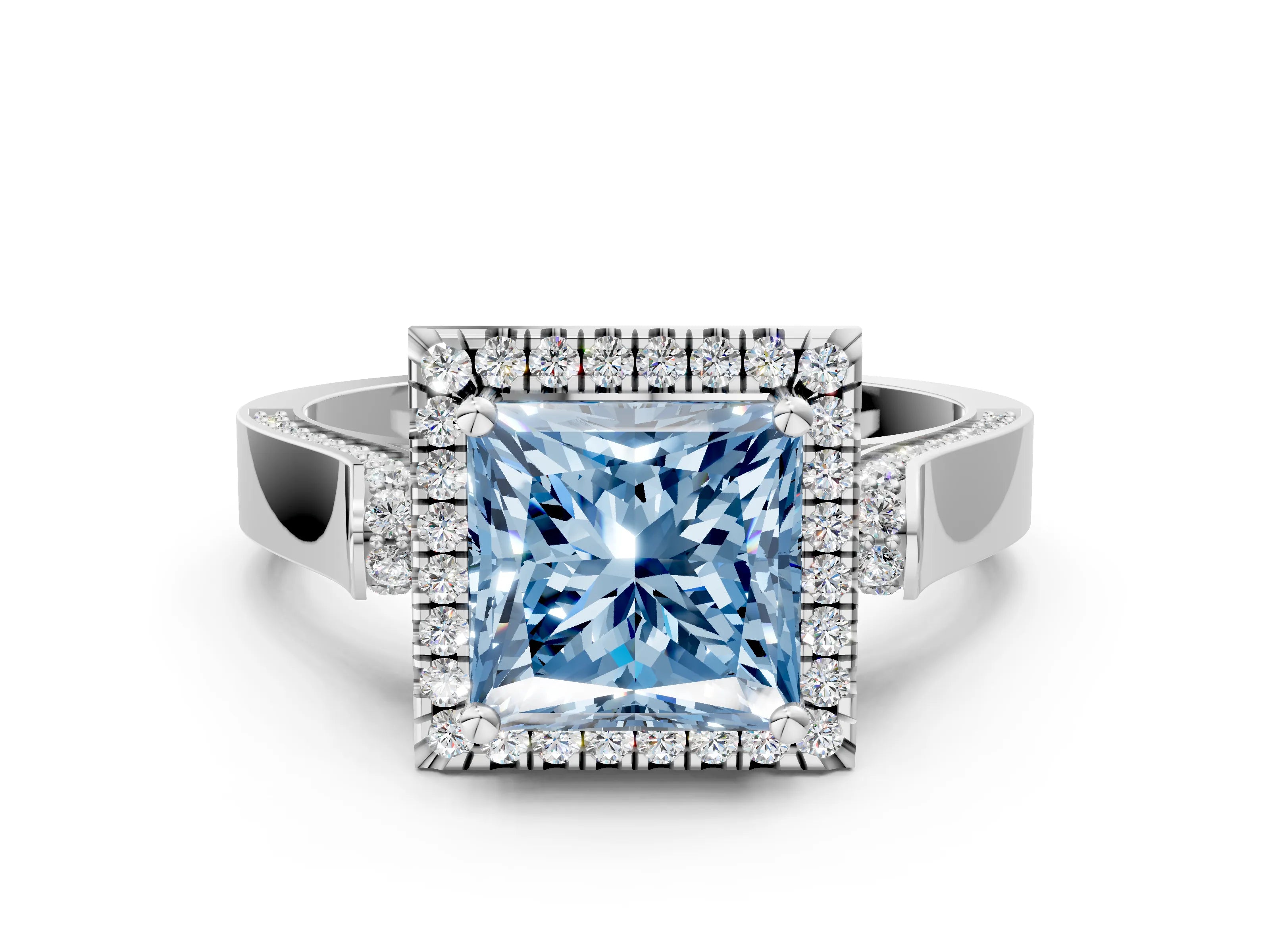 White gold Fancy Blue Princess Cut Halo Round Diamond Twist Band with Four-Prong Setting_24