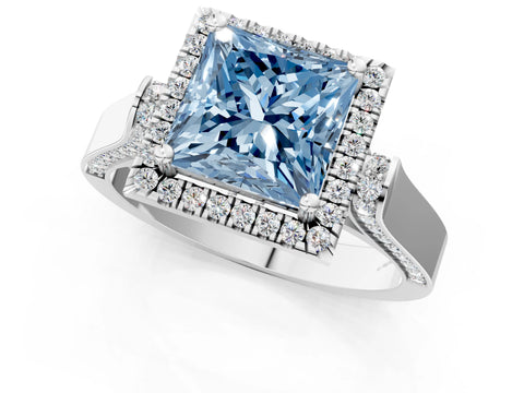 White gold Fancy Blue Princess Cut Halo Round Diamond Twist Band with Four-Prong Setting_25