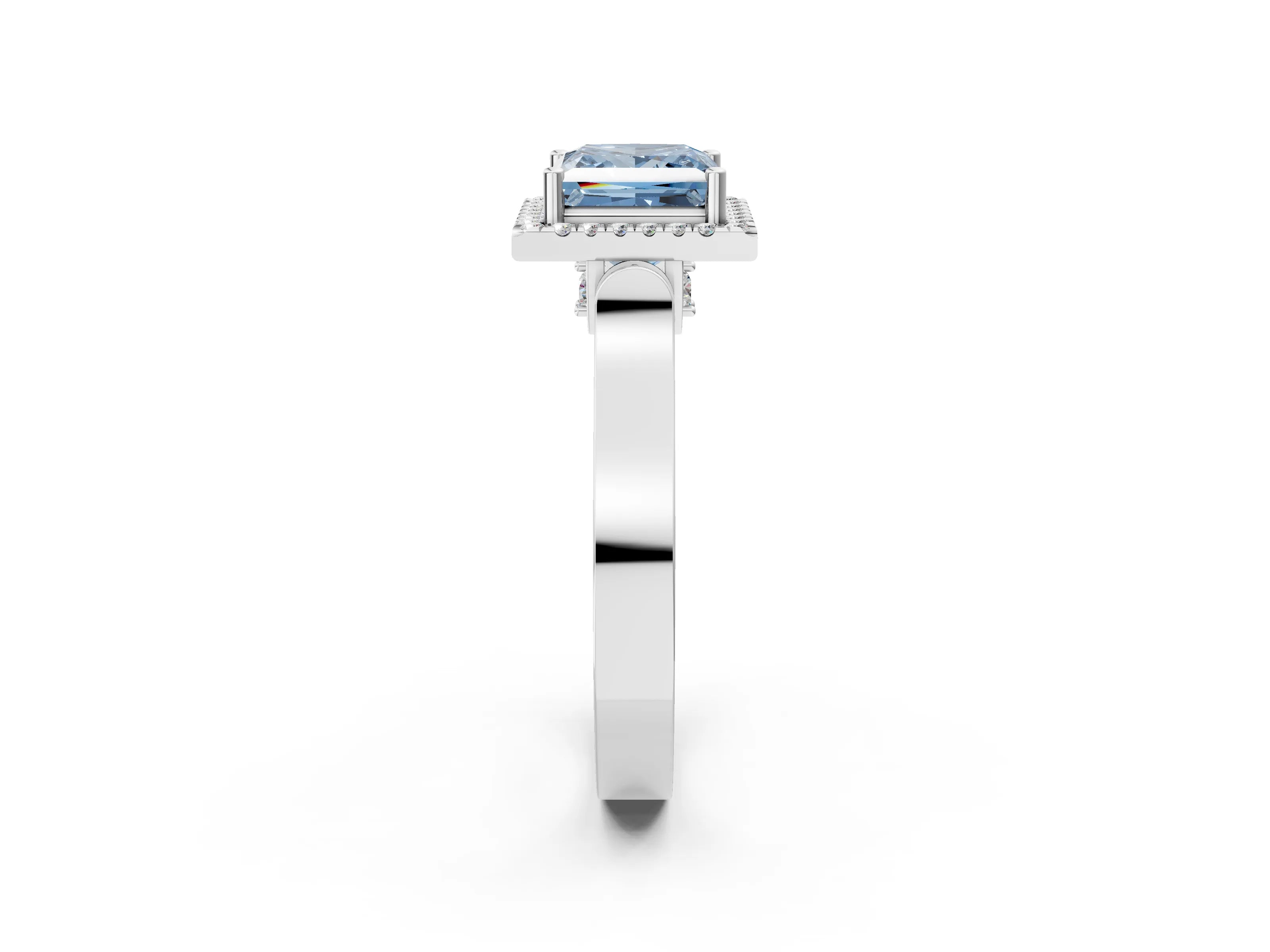 White gold Fancy Blue Princess Cut Halo Round Diamond Twist Band with Four-Prong Setting_26