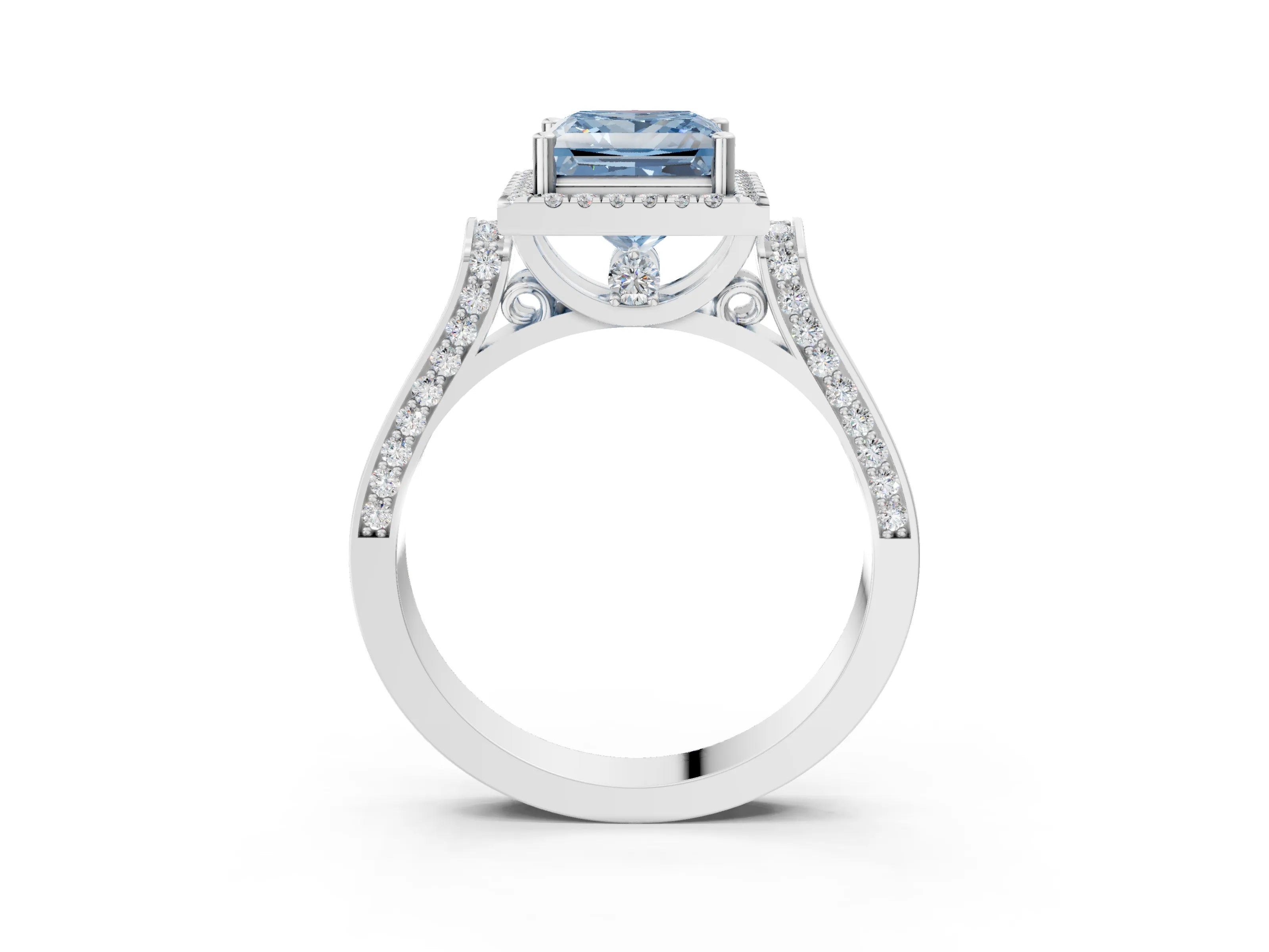 White gold Fancy Blue Princess Cut Halo Round Diamond Twist Band with Four-Prong Setting_27