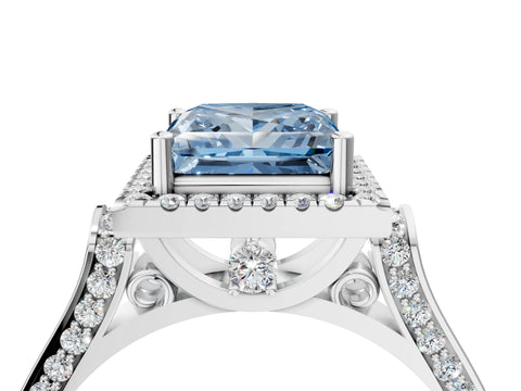White gold Fancy Blue Princess Cut Halo Round Diamond Twist Band with Four-Prong Setting_28