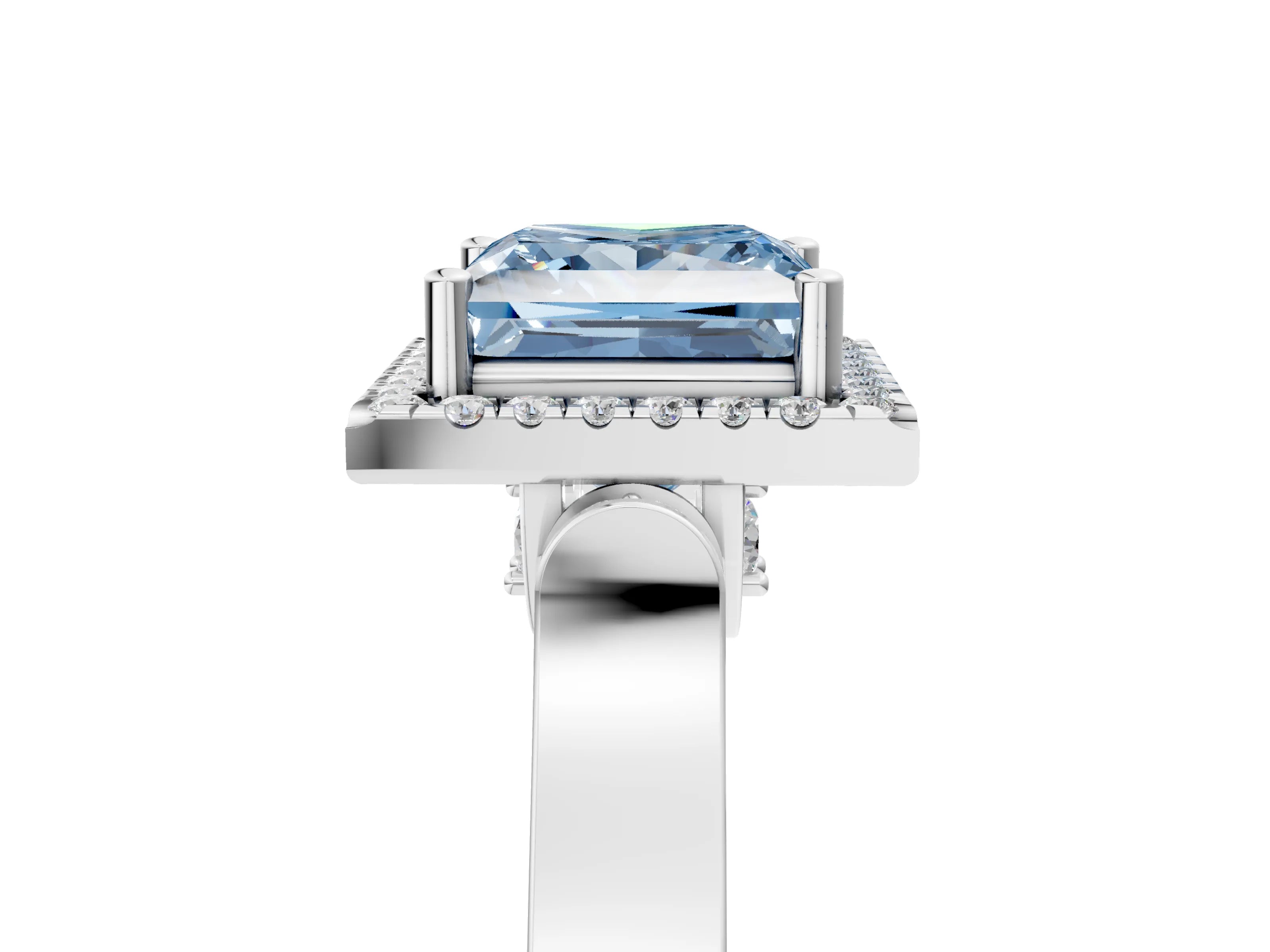 White gold Fancy Blue Princess Cut Halo Round Diamond Twist Band with Four-Prong Setting_29