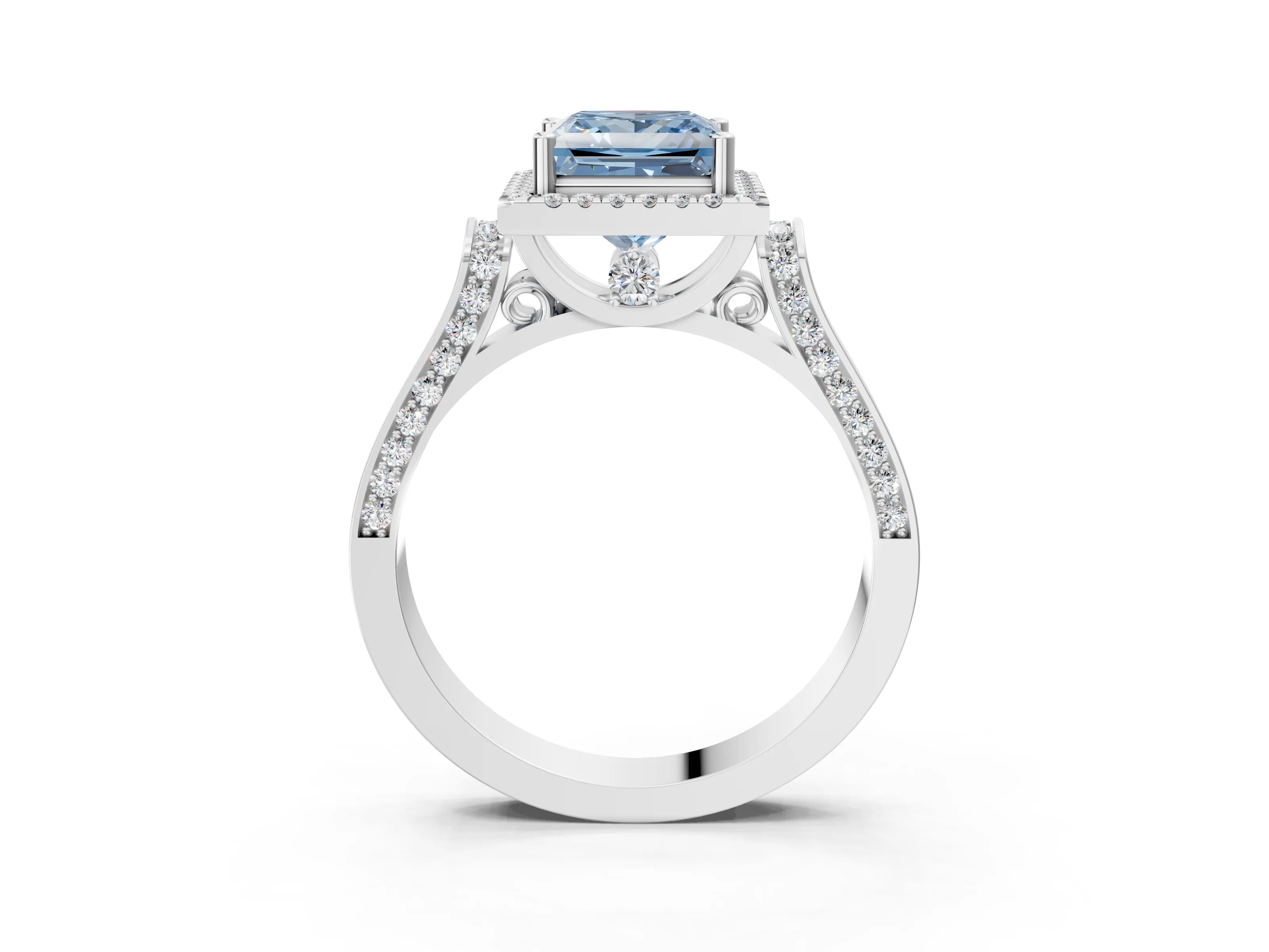 White gold Fancy Blue Princess Cut Halo Round Diamond Twist Band with Four-Prong Setting_3