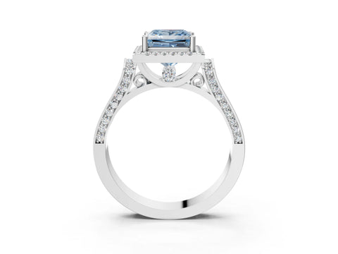White gold Fancy Blue Princess Cut Halo Round Diamond Twist Band with Four-Prong Setting_3