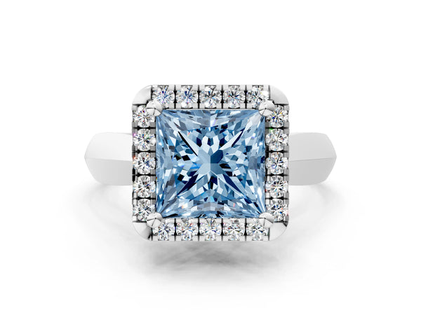 White gold Fancy Blue Princess  Cut Halo Solitaire Engagement Ring with Square Band and Four-Prong Setting