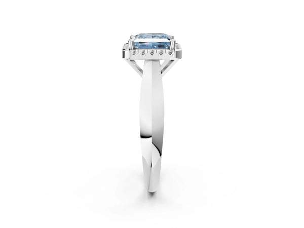 White gold Fancy Blue Princess  Cut Halo Solitaire Engagement Ring with Square Band and Four-Prong Setting
