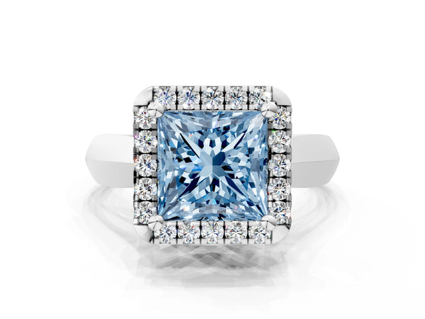 White gold Fancy Blue Princess  Cut Halo Solitaire Engagement Ring with Square Band and Four-Prong Setting