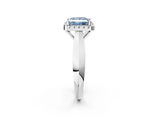 White gold Fancy Blue Princess  Cut Halo Solitaire Engagement Ring with Square Band and Four-Prong Setting