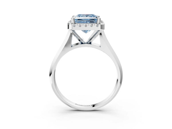 White gold Fancy Blue Princess  Cut Halo Solitaire Engagement Ring with Square Band and Four-Prong Setting