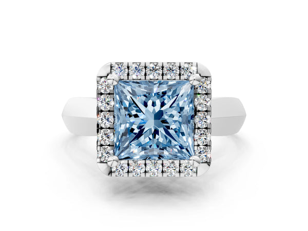 White gold Fancy Blue Princess  Cut Halo Solitaire Engagement Ring with Square Band and Four-Prong Setting