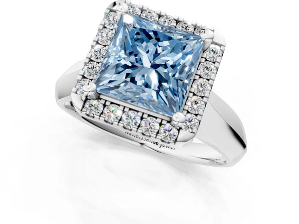 White gold Fancy Blue Princess  Cut Halo Solitaire Engagement Ring with Square Band and Four-Prong Setting