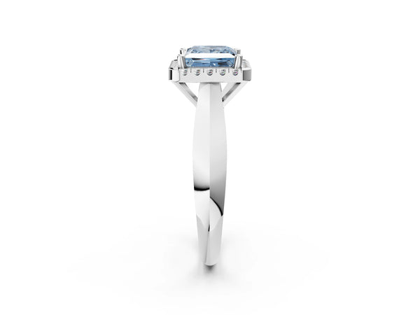 White gold Fancy Blue Princess  Cut Halo Solitaire Engagement Ring with Square Band and Four-Prong Setting