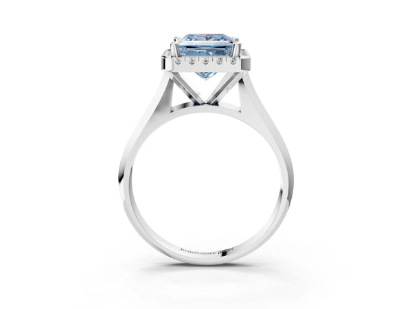 White gold Fancy Blue Princess  Cut Halo Solitaire Engagement Ring with Square Band and Four-Prong Setting