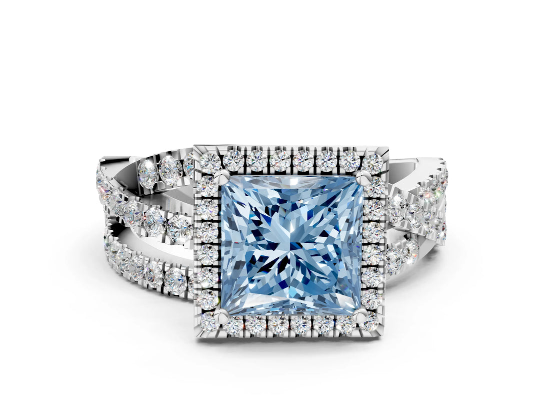 White gold Fancy Blue Princess  Cut Halo Split Shank Prong Setting Ring_36