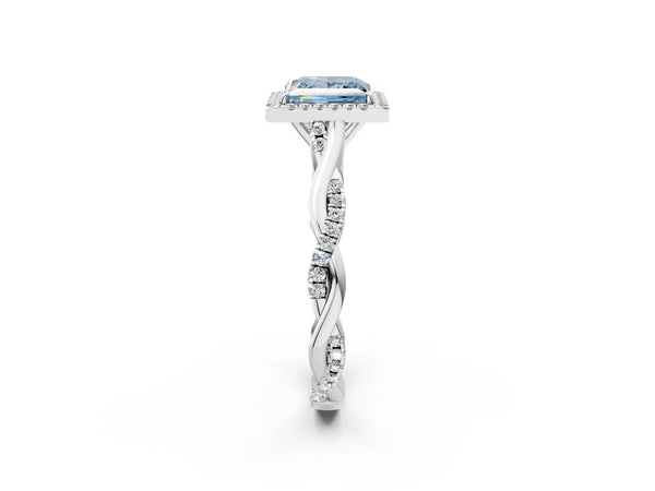 White gold Fancy Blue Princess Cut Halo Twist Band with Four-Prong Setting