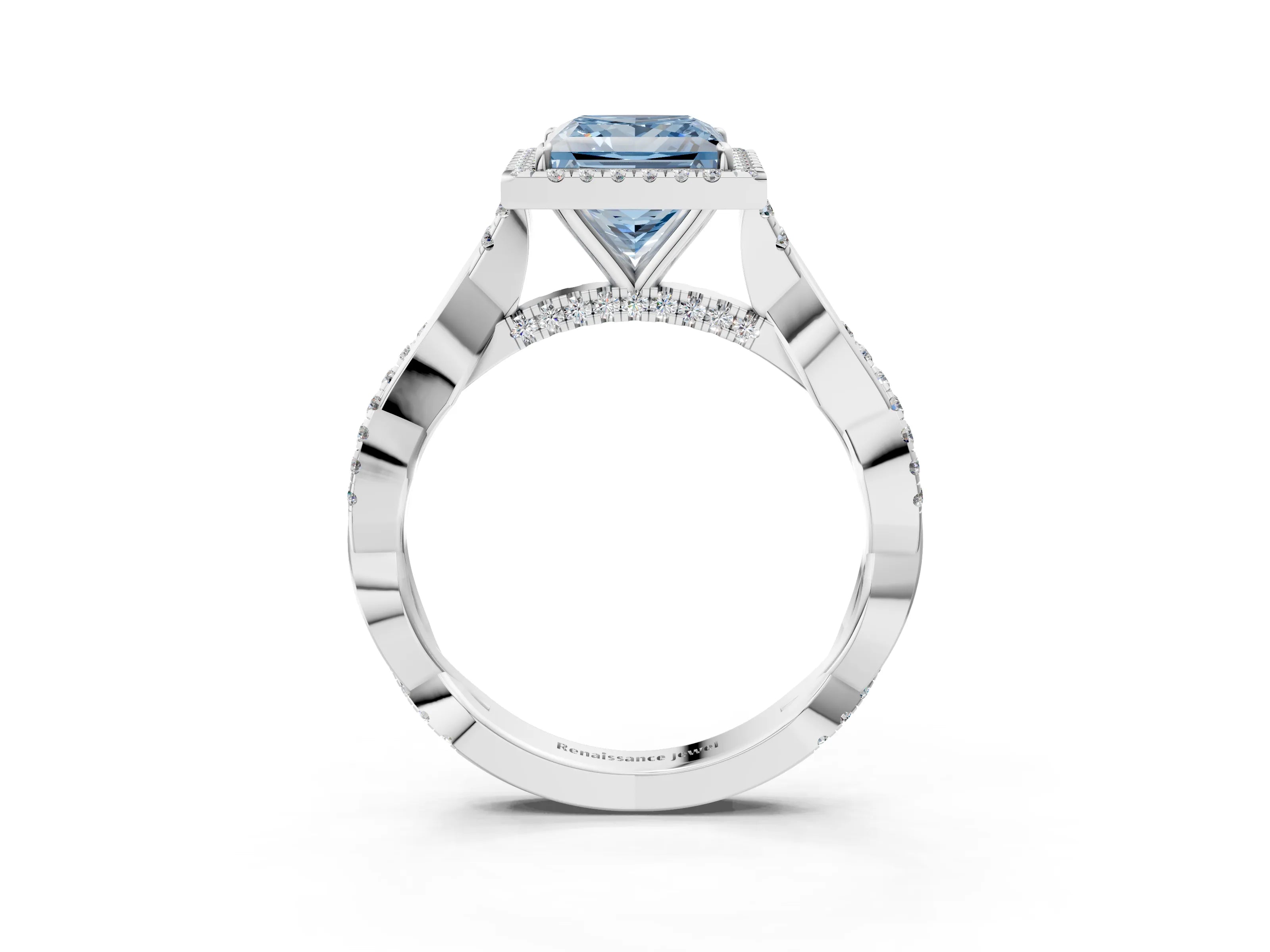 White gold Fancy Blue Princess Cut Halo Twist Band with Four-Prong Setting_39