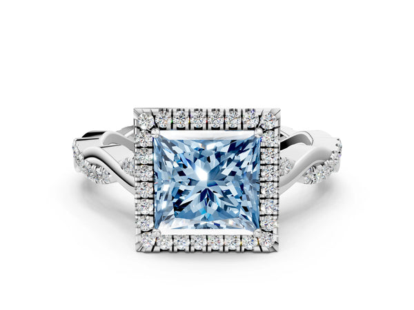White gold Fancy Blue Princess Cut Halo Twist Band with Four-Prong Setting