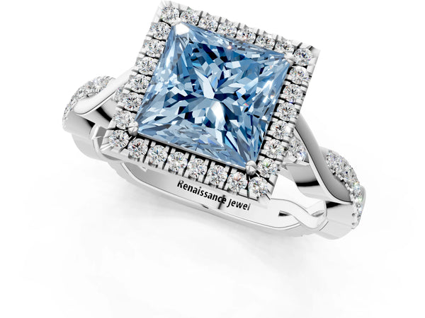 White gold Fancy Blue Princess Cut Halo Twist Band with Four-Prong Setting