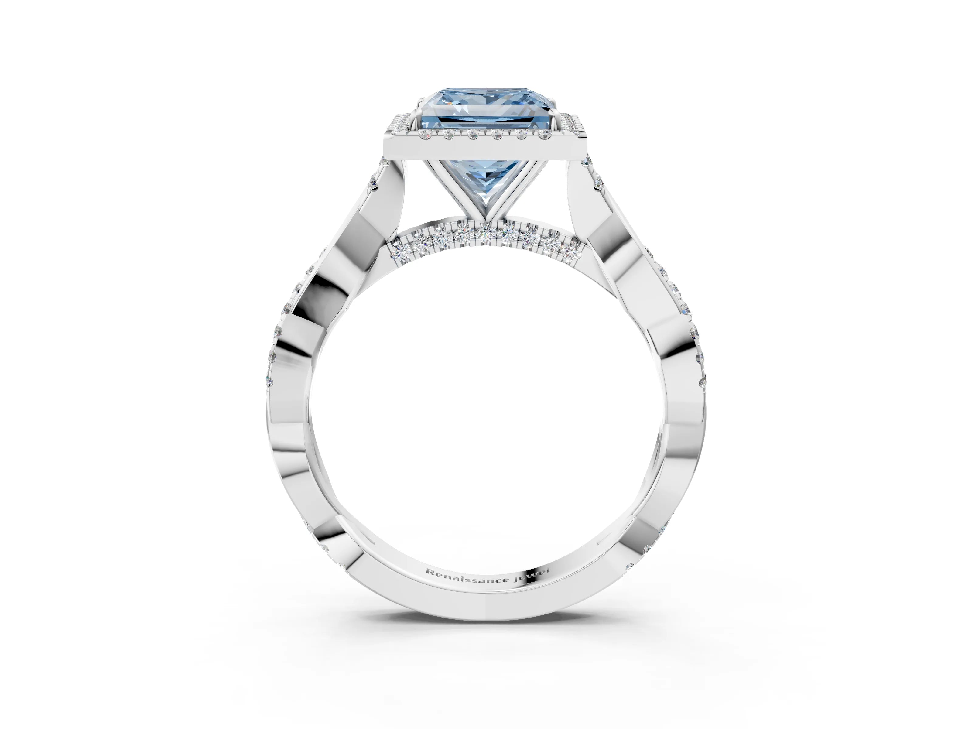 White gold Fancy Blue Princess Cut Halo Twist Band with Four-Prong Setting_75