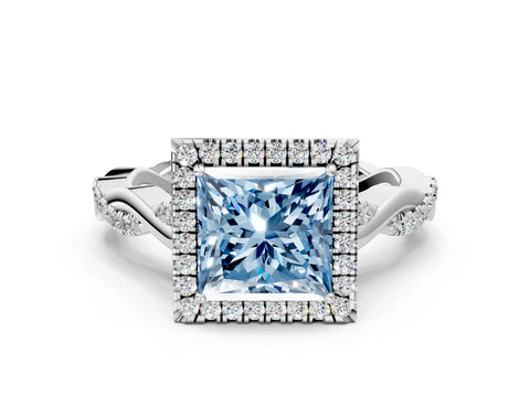 White gold Fancy Blue Princess Cut Halo Twist Band with Four-Prong Setting