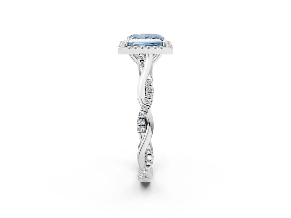White gold Fancy Blue Princess Cut Halo Twist Band with Four-Prong Setting