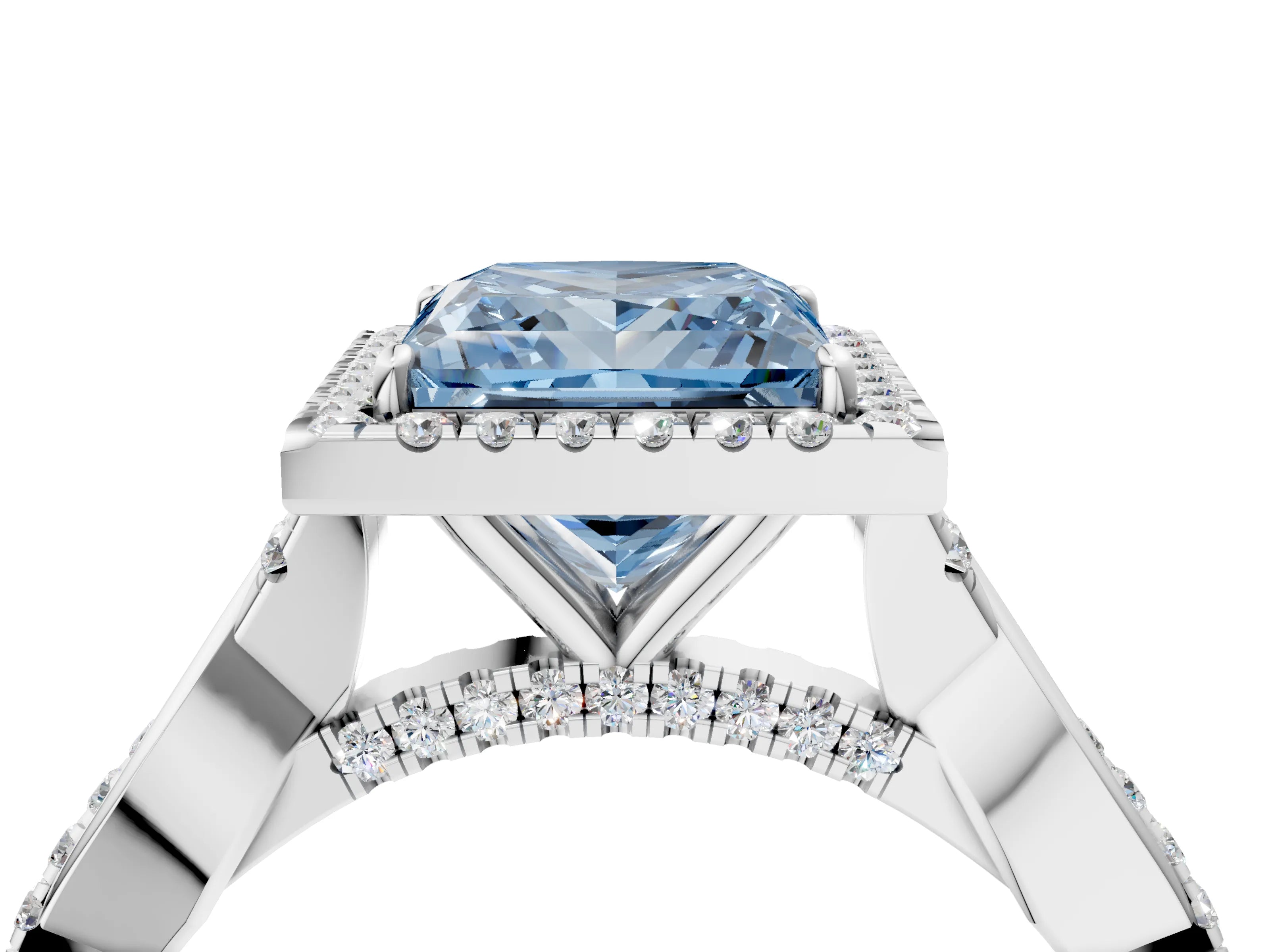White gold Fancy Blue Princess Cut Halo Twist Band with Four-Prong Setting_76