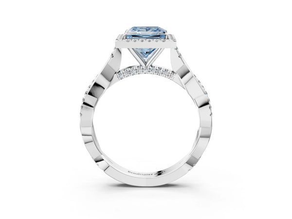 White gold Fancy Blue Princess Cut Halo Twist Band with Four-Prong Setting