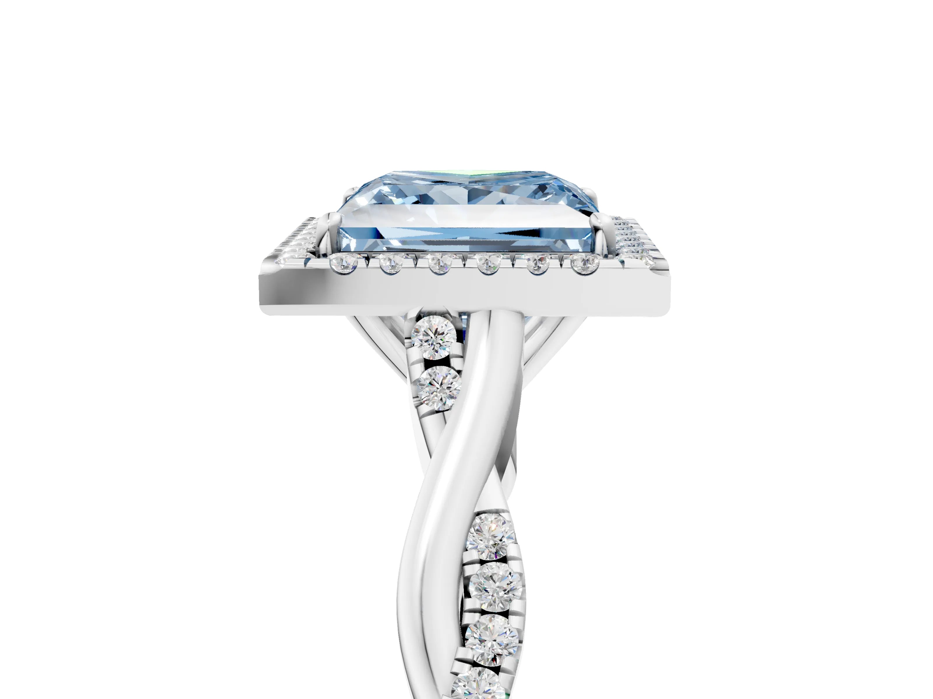 White gold Fancy Blue Princess Cut Halo Twist Band with Four-Prong Setting_77