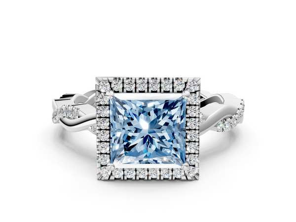White gold Fancy Blue Princess  Cut Halo Twisted Band Four-Prong Ring