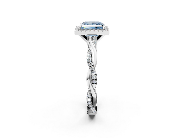 White gold Fancy Blue Princess  Cut Halo Twisted Band Four-Prong Ring