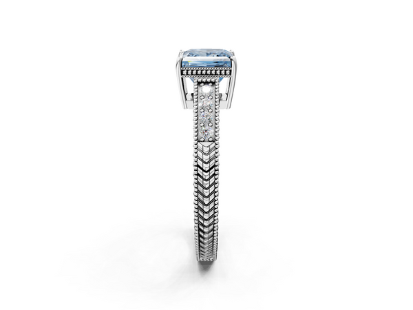 Platinum Fancy Blue Princess Cut Diamond Engagement Ring with Milgrain Channel Set Band and Prong Setting