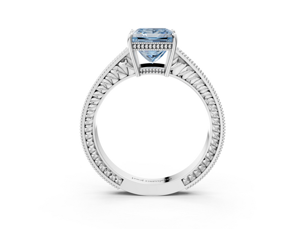 Platinum Fancy Blue Princess Cut Diamond Engagement Ring with Milgrain Channel Set Band and Prong Setting