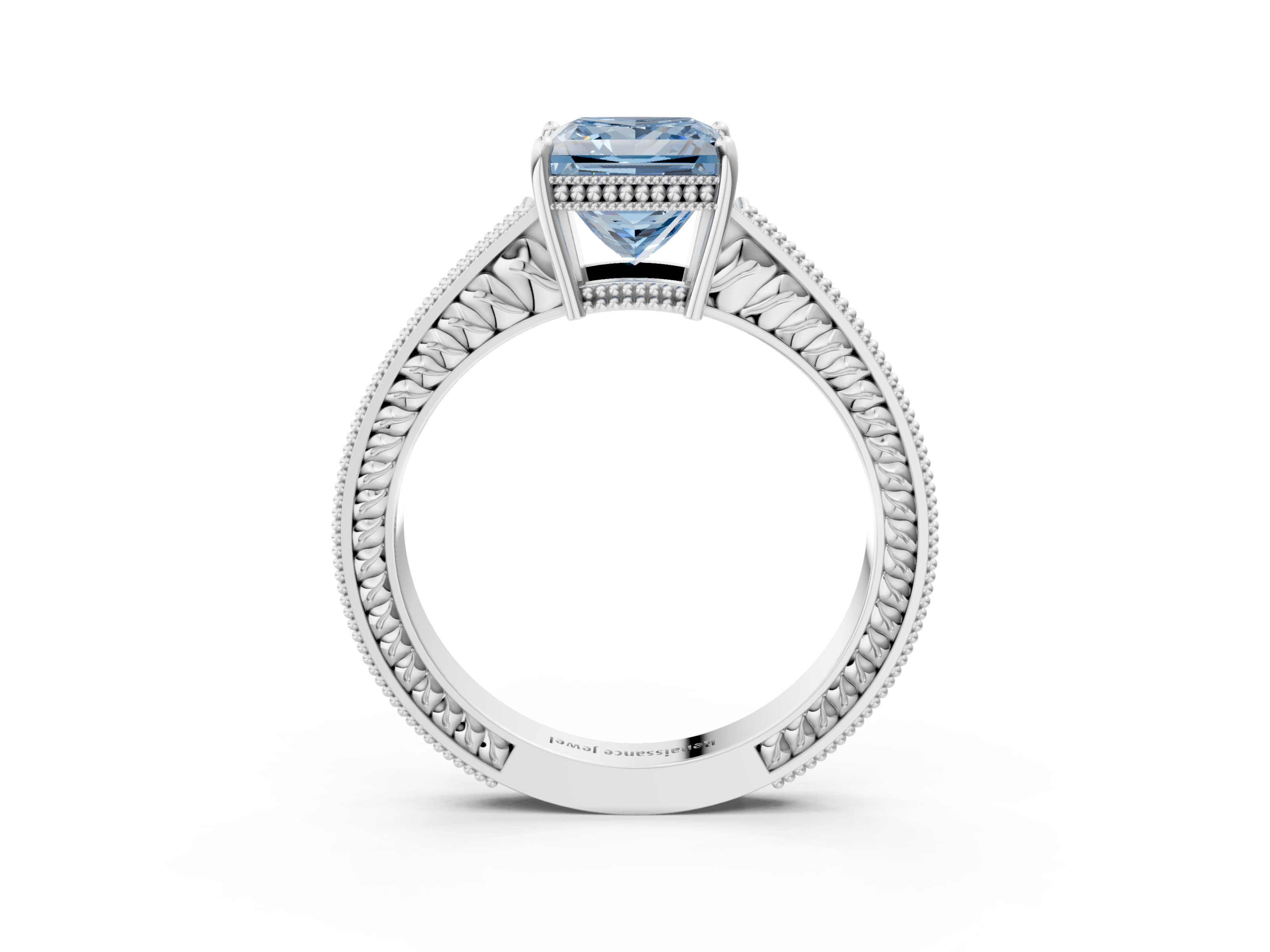 White gold Fancy Blue Princess  Cut Milgrain Channel Set Engagement Ring with Solitaire Prong Setting_51