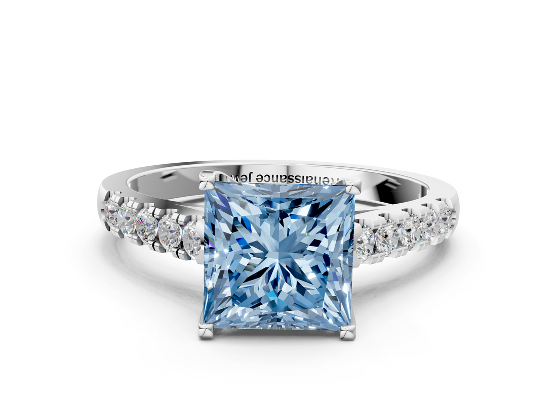 White gold Fancy Blue Princess  Cut Pavé Band Solitaire Ring with Four-Prong Setting_25