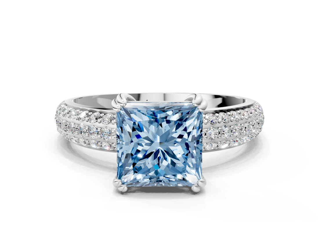 White gold Fancy Blue Princess  Cut Pave Diamond Engagement Ring with Channel Set Band and Four-Prong Setting_20