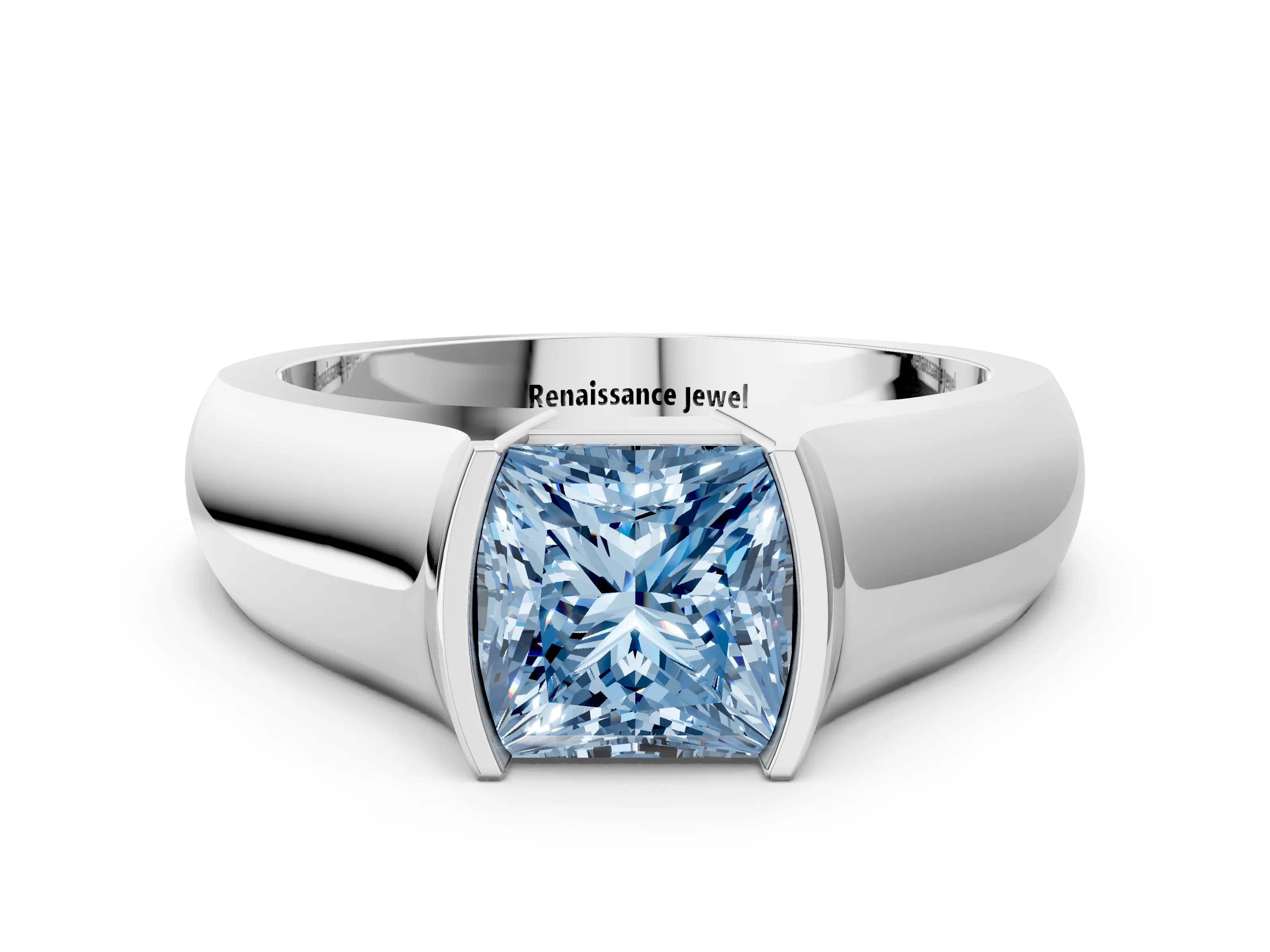 White gold Fancy Blue Princess Cut Solitaire Bezel Set Diamond Ring with Wide Band_12