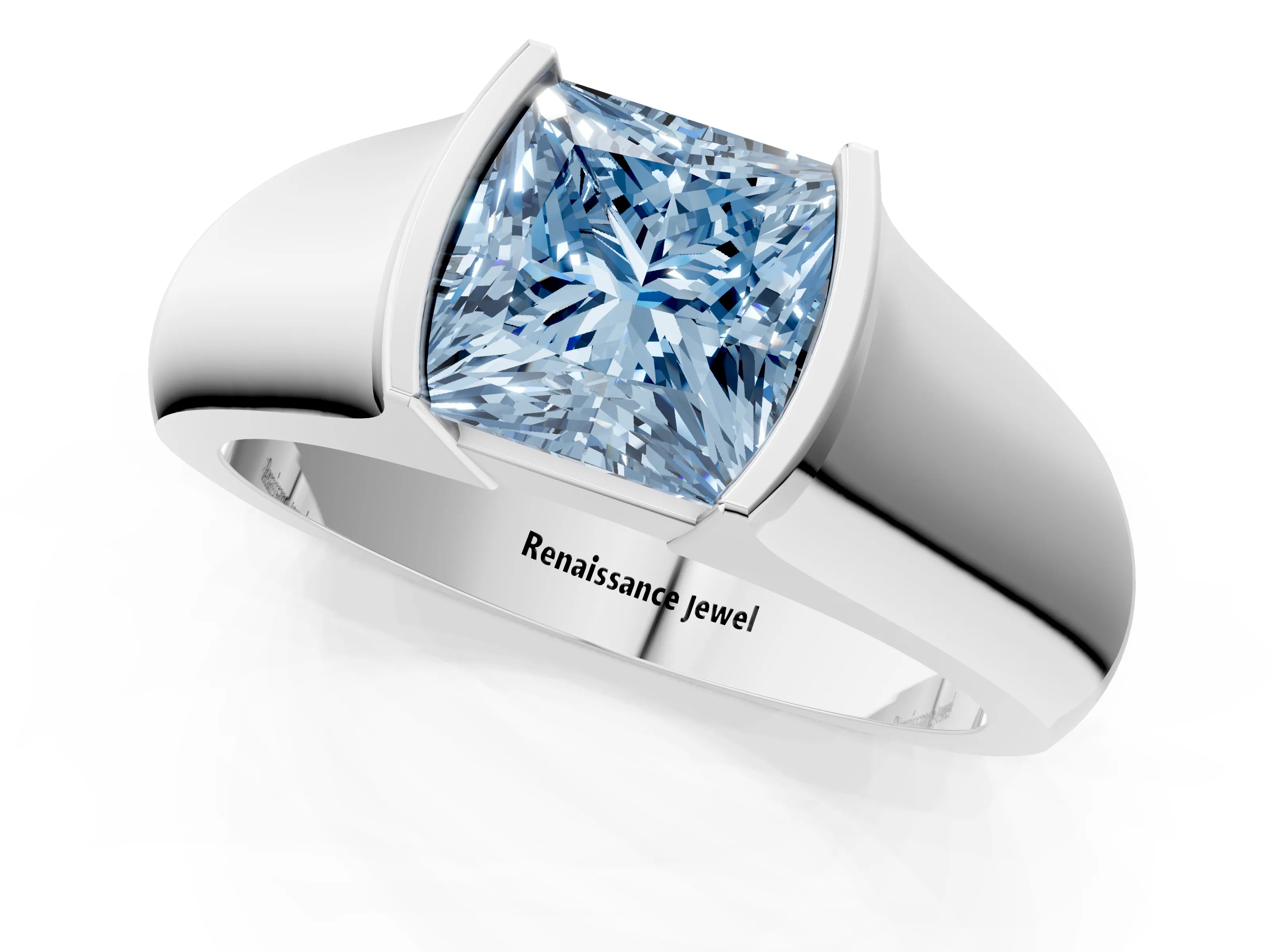White gold Fancy Blue Princess Cut Solitaire Bezel Set Diamond Ring with Wide Band_13