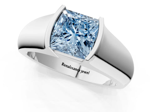 White gold Fancy Blue Princess Cut Solitaire Bezel Set Diamond Ring with Wide Band_13