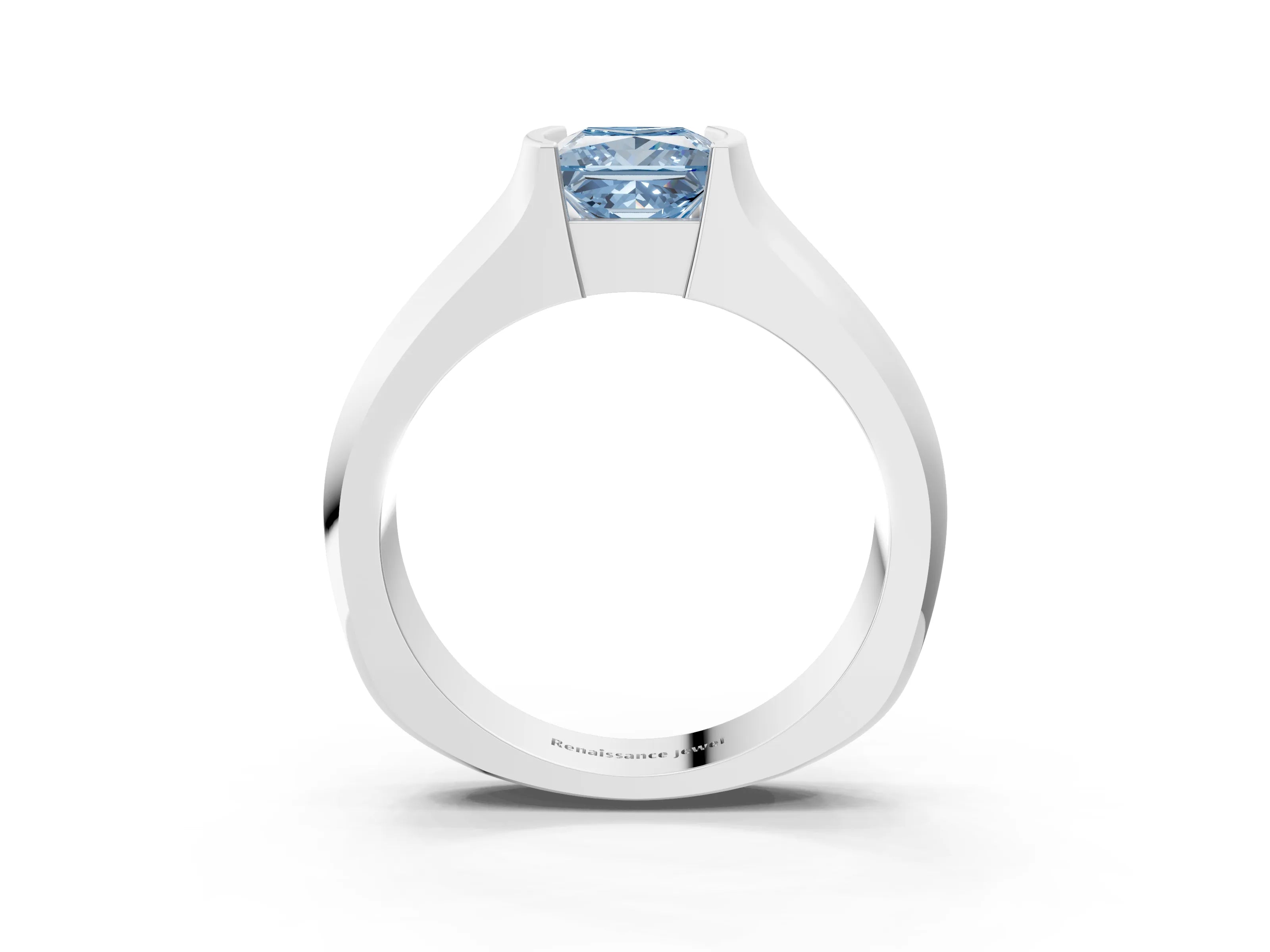 White gold Fancy Blue Princess Cut Solitaire Bezel Set Diamond Ring with Wide Band_15