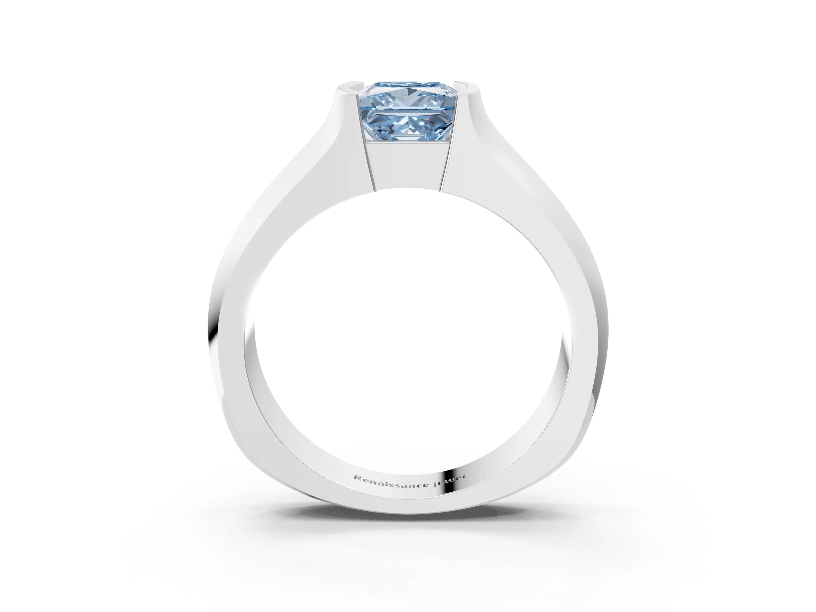 White gold Fancy Blue Princess Cut Solitaire Bezel Set Diamond Ring with Wide Band_3