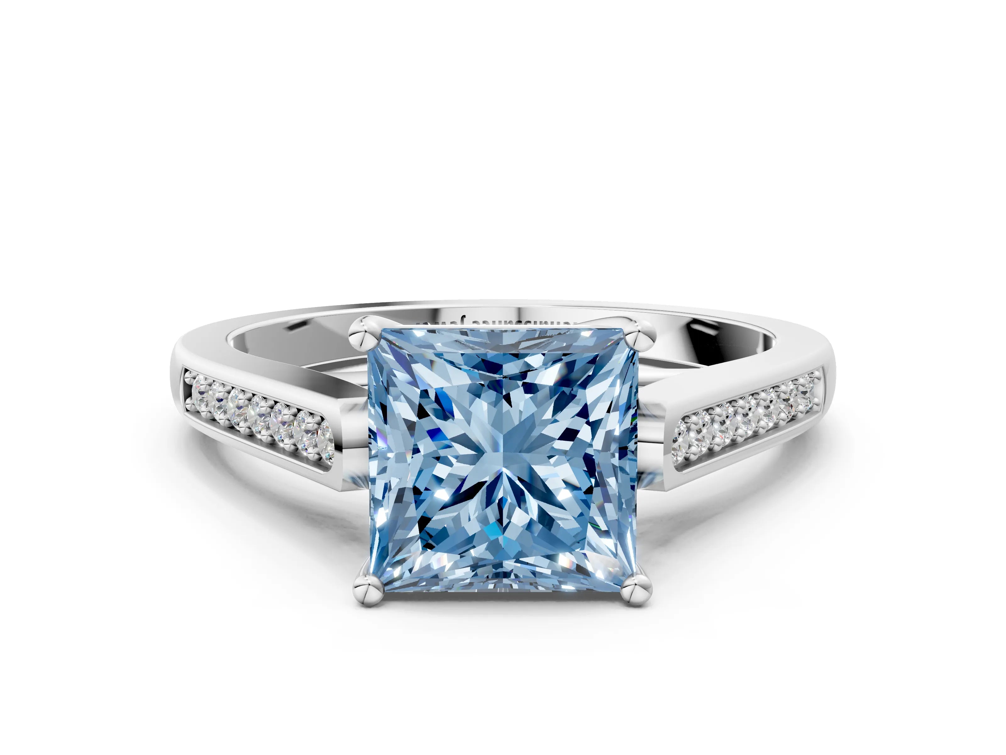 White gold Fancy Blue Princess Cut Solitaire Cathedral Diamond Engagement Ring with Channel-Set Band and Four-Prong Setting_15
