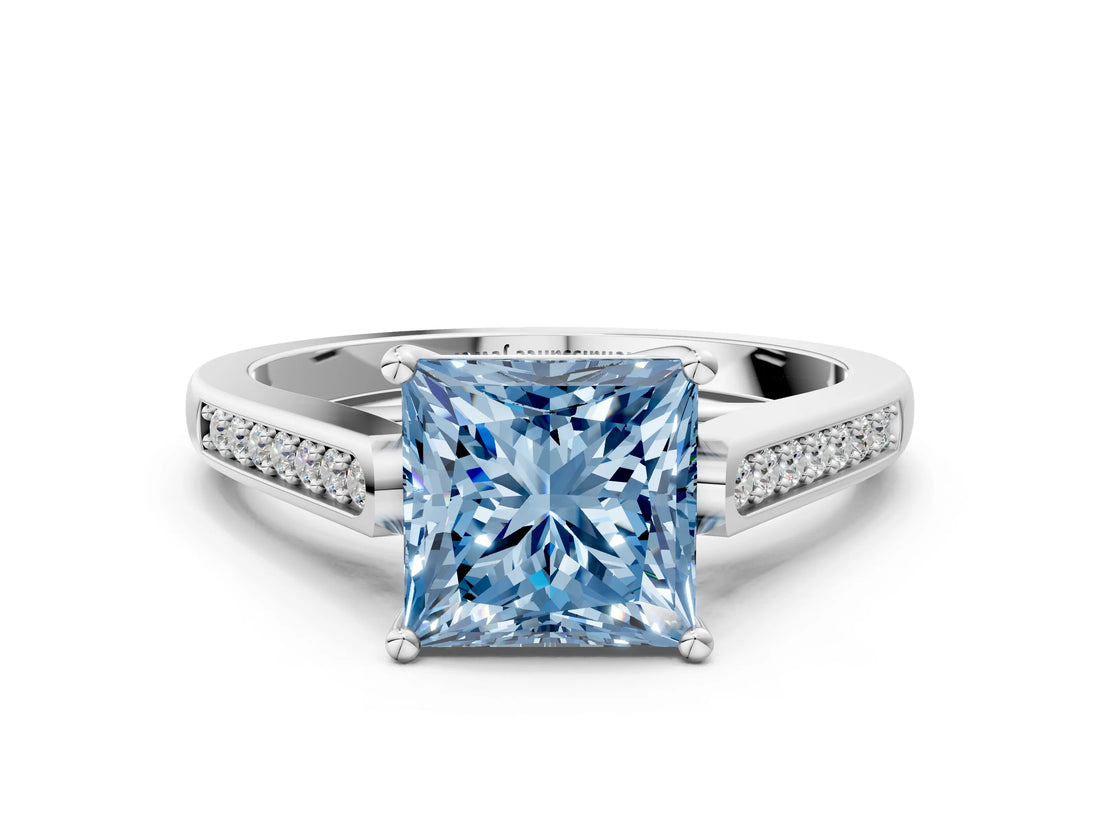 White gold Fancy Blue Princess Cut Solitaire Cathedral Diamond Engagement Ring with Channel-Set Band and Four-Prong Setting_15