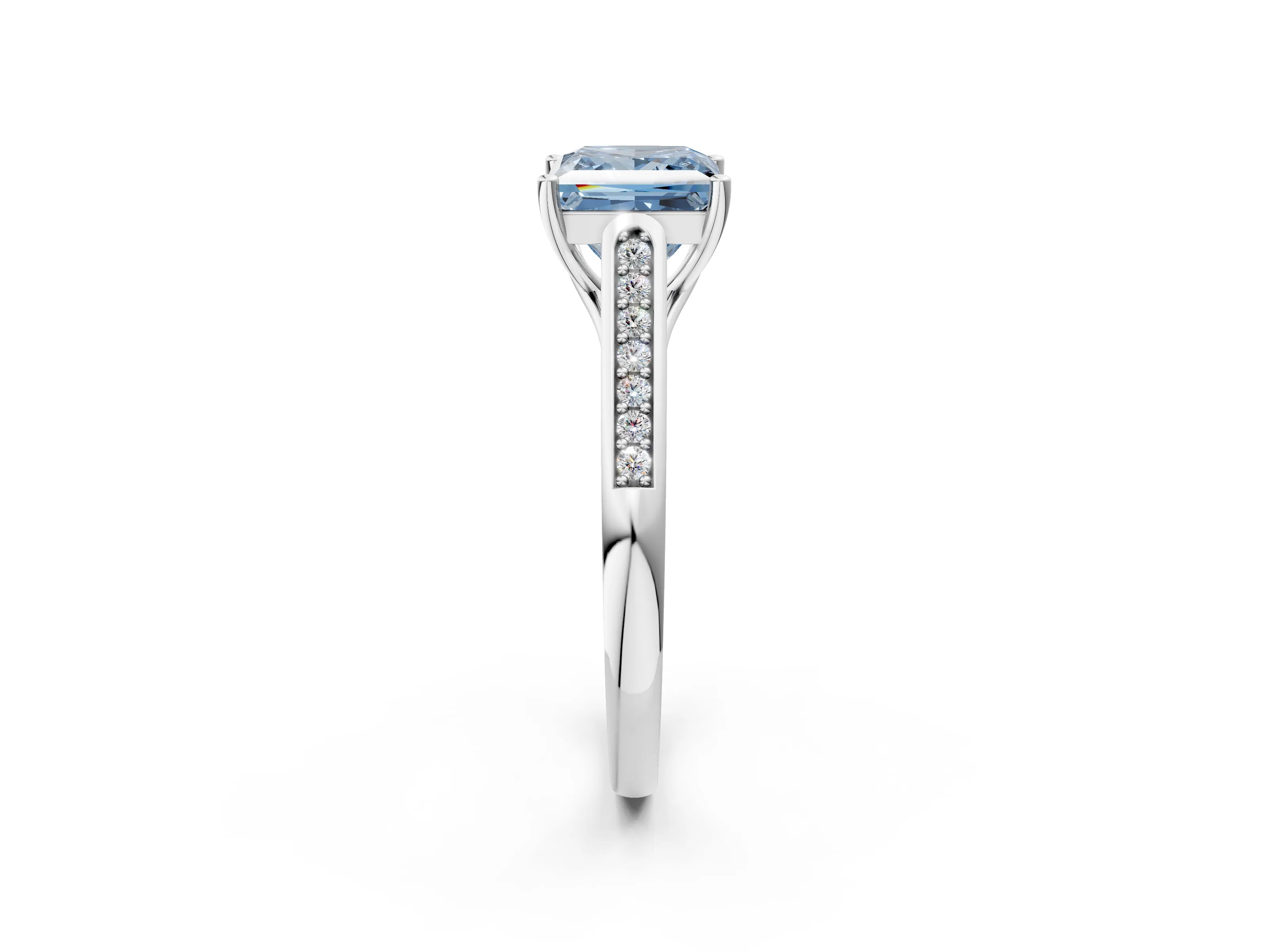 White gold Fancy Blue Princess Cut Solitaire Cathedral Diamond Engagement Ring with Channel-Set Band and Four-Prong Setting_17
