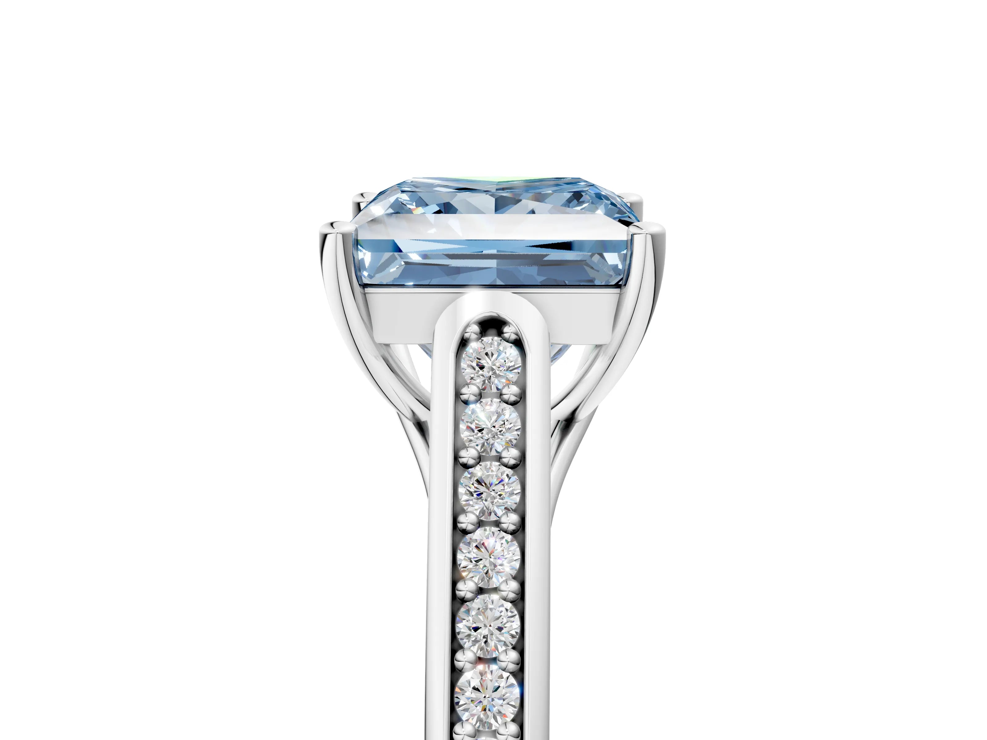 White gold Fancy Blue Princess Cut Solitaire Cathedral Diamond Engagement Ring with Channel-Set Band and Four-Prong Setting_8