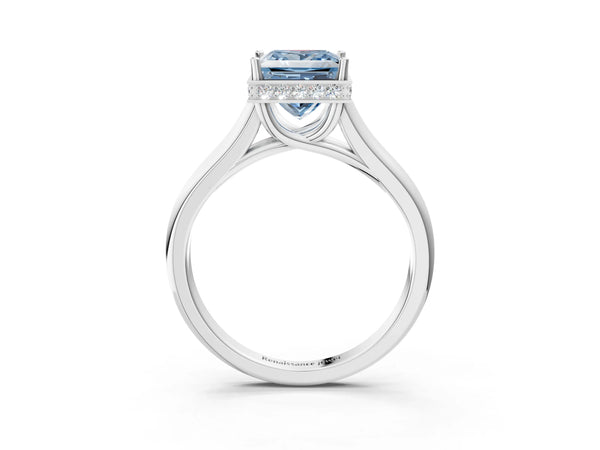 Platinum Fancy Blue Princess Cut Solitaire Diamond Engagement Ring with Four-Prong Setting and Tapered Band