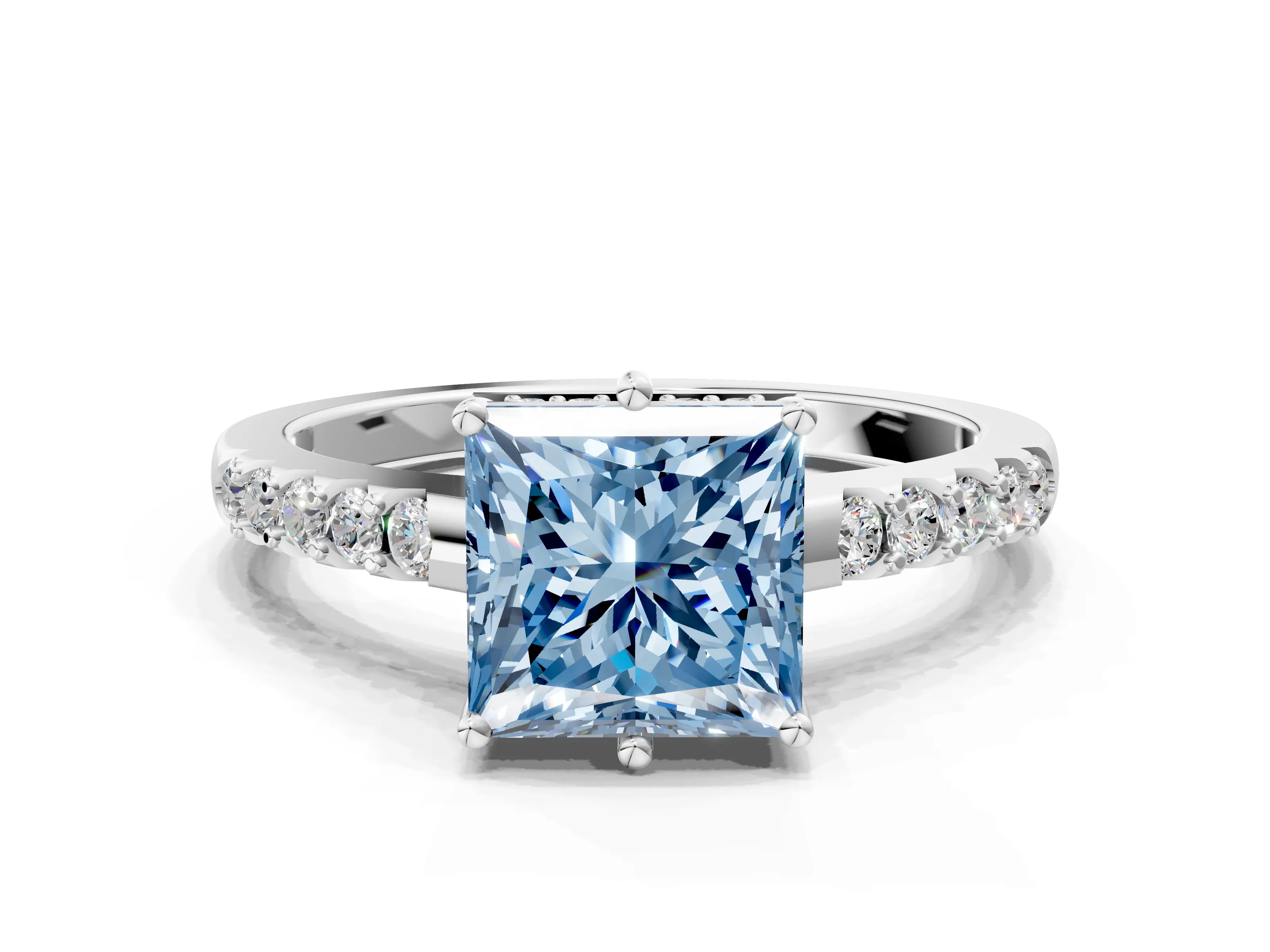 White gold Fancy Blue Princess Cut Solitaire Diamond Engagement Ring with Pavé Band and Six-Prong Setting_12